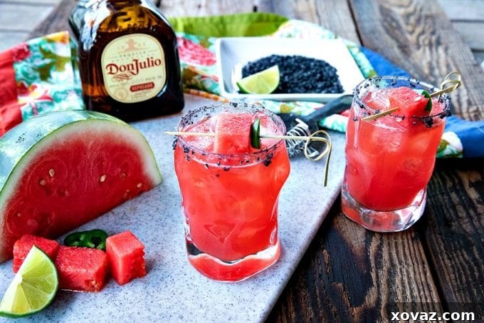 Pretty pink Watermelon Margaritas are refreshing, thirst quenching, lightly sweet and spicy cocktails for any time you need to cool down and chill out. Made vibrant with just 5 super fresh, all-natural ingredients, these are the ultimate way to relax!

And this gorgeous colour? It's all from the watermelon!