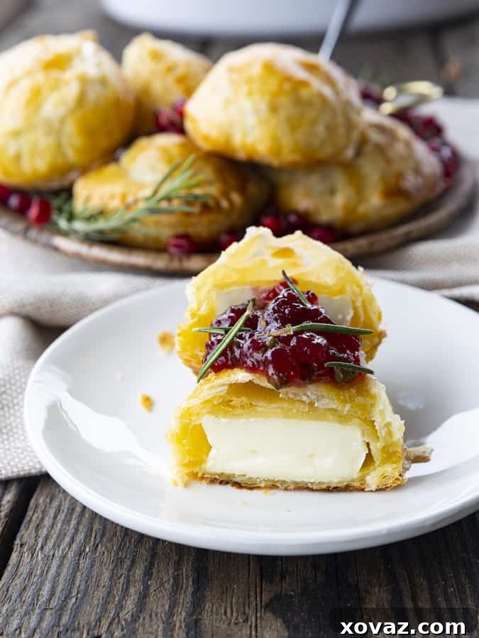 Bite-sized baked brie in puff pastry garnished with fresh rosemary, vibrant pomegranate seeds, and a sweet and spicy cranberry sauce. A perfect gourmet party appetizer.