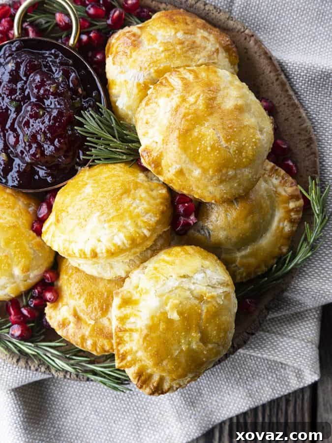 Close-up of a bite-sized baked brie in puff pastry, beautifully garnished with fresh rosemary sprigs, bright pomegranate seeds, and a side of sweet and spicy cranberry sauce. A gourmet appetizer ready for serving.