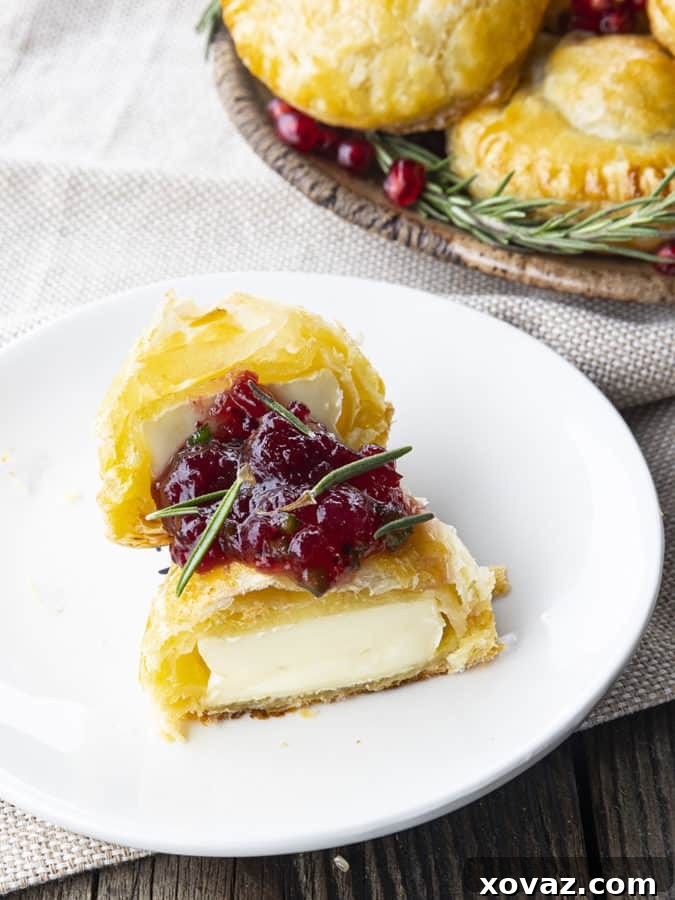A serving of bite-sized baked brie en puff pastry, exquisitely decorated with fresh rosemary, glistening pomegranate seeds, and a side of sweet and spicy cranberry sauce, highlighting the perfect jam pairing.