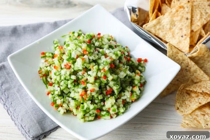 Dill Pico 3 Close-up of fresh Pickle de Gallo ingredients in a bowl, showing diced pickles, cucumbers, bell peppers, and onions.