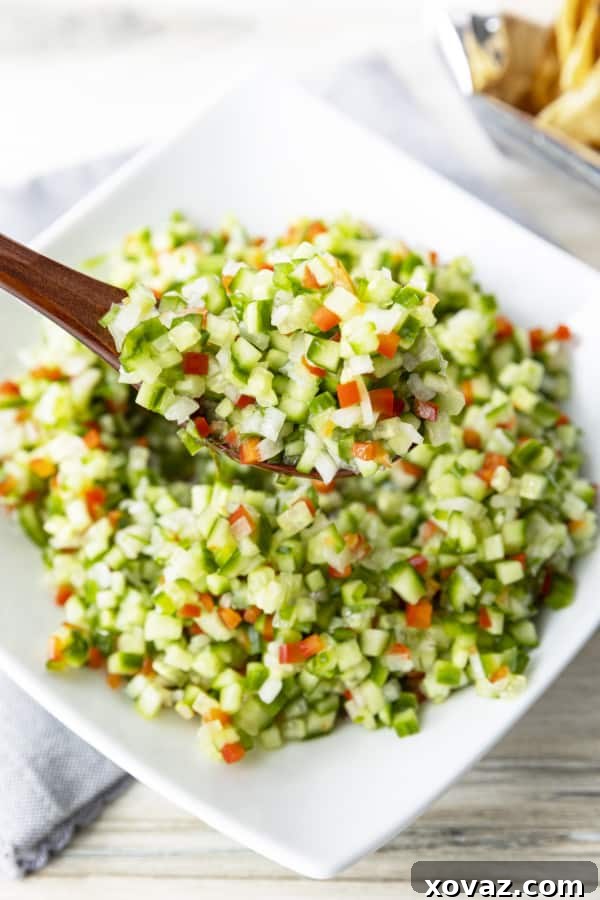 Dill Pico 5 Pickle de Gallo served with crispy tortilla chips in a rustic bowl, ready for dipping.