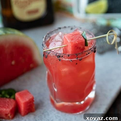 Dill Pico 7 A vibrant pink Watermelon Margarita in a salt-rimmed glass with a watermelon wedge.
