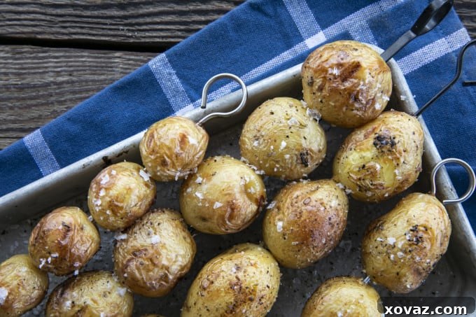 Smoky Grilled Potatoes 6 Grilled potato skewers, freshly cooked and garnished with chopped parsley.