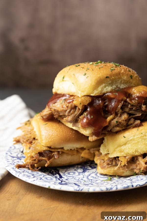 Smoky Pulled Pork Mini Sandwiches 4 Thinly sliced cheese laid over pulled pork and BBQ sauce on slider buns.
