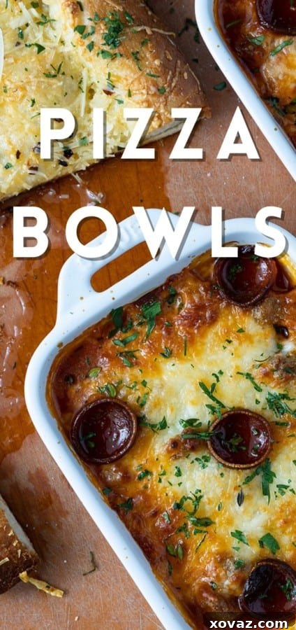 A finished pizza bowl with all toppings perfectly melted and browned, ready to be served and enjoyed as a delicious meal.