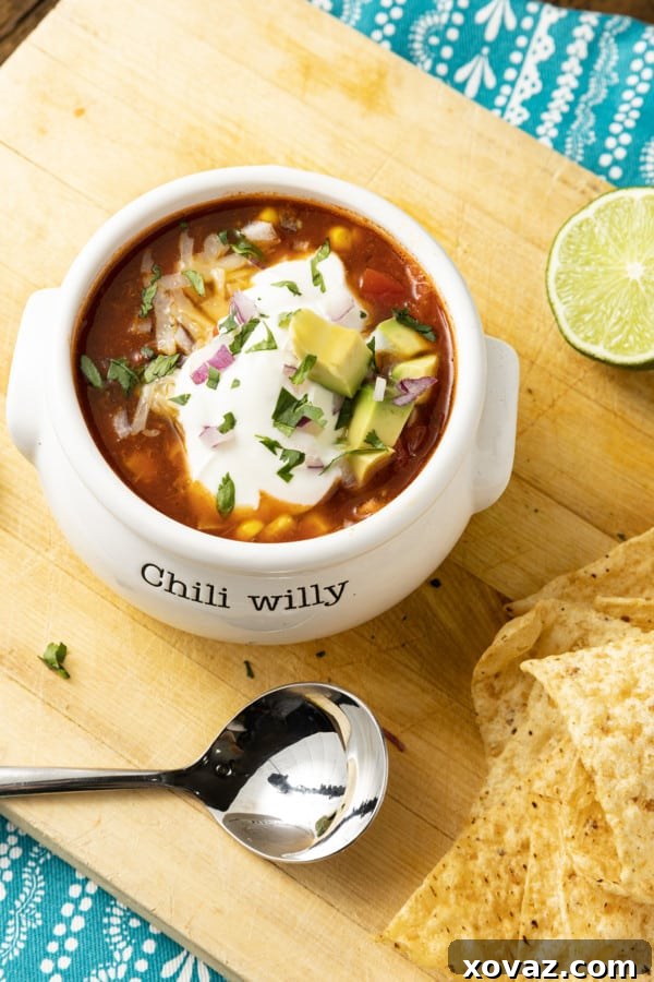 Easy 5-Ingredient Taco Soup 6 A close-up shot of a spoon dipping into a bowl of 5-Ingredient Taco Soup, garnished with cheese and cilantro, inviting a taste.