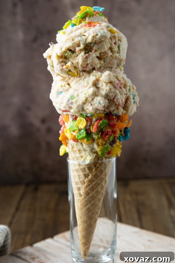 This easy, no-cook Fruity Pebbles Ice Cream tastes like a sweet bowl of your favourite fruity flavour cereal in ice cream form. It's a party!