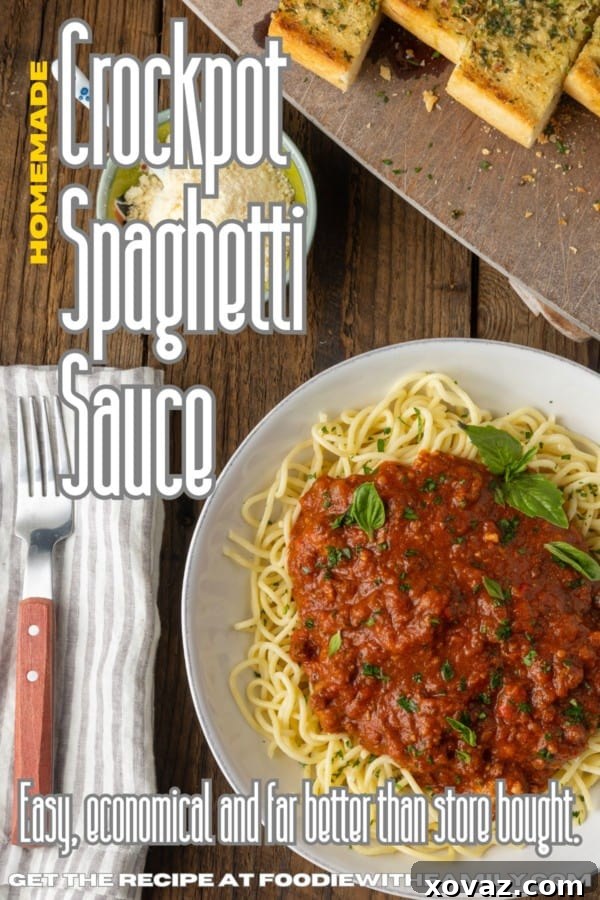 A plate of spaghetti with rich homemade crockpot sauce, fresh herbs, and an inviting descriptive text overlay, emphasizing its ease and flavor.
