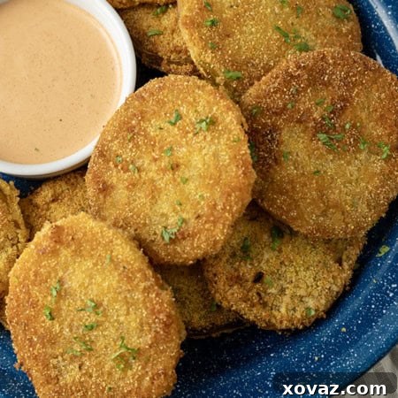 fried green tomatoes stacked on a blue enamel plate with a bowl of dip