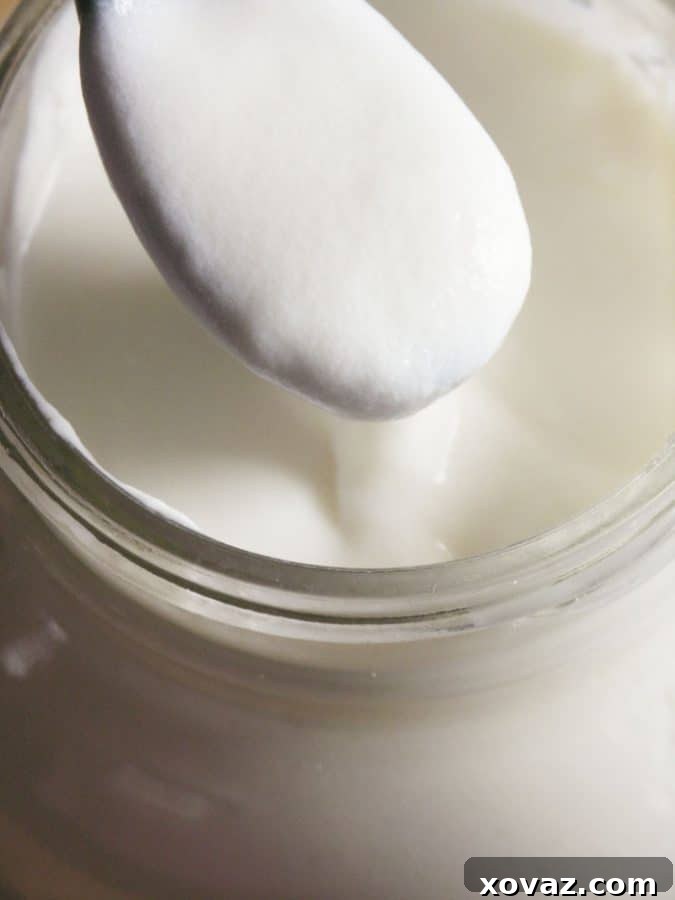 Close-up of freshly made cultured buttermilk in a glass jar, highlighting its thick and creamy consistency.