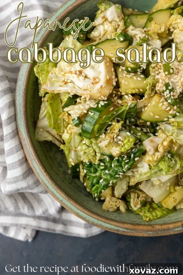 japanese cabbage and cucumber salad in a bowl with a text overlay describing the photo