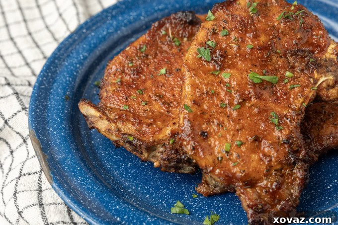 thin cut pork chop cooked in the air fryer on a blue plate