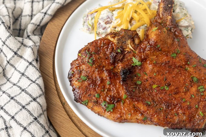 thin cut pork chop cooked in the air fryer on a plate with potato salad