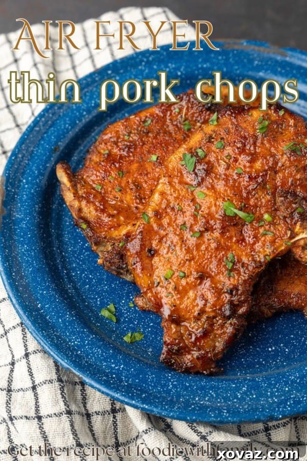 thin pork chops on blue plate with text overlay describing the photo