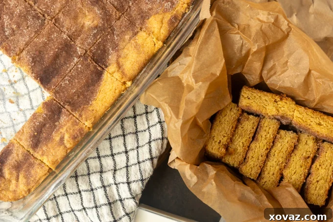 Cinnamon Sugar Snickerdoodle Bars 4 Overhead view of an entire pan of snickerdoodle cookie bars, freshly baked and ready for slicing.