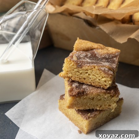 Snickerdoodle cookie bars with a glass jar of milk, showcasing the deliciousness of the dessert.