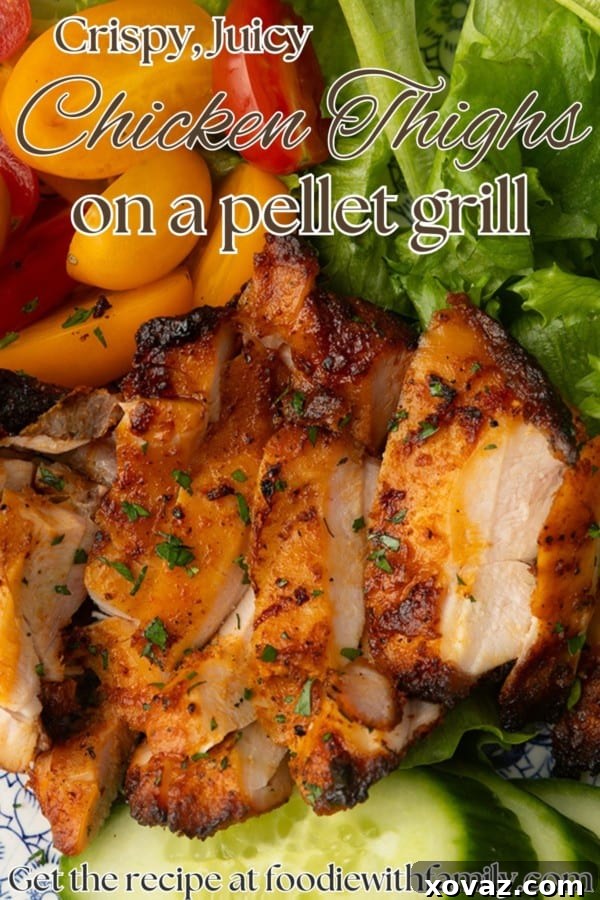 Perfect Pellet Grilled Chicken Thighs 7 A stunning shot of cooked pellet grill chicken thighs on a platter, ready to be served, with a fresh salad in the background, text overlay with recipe name