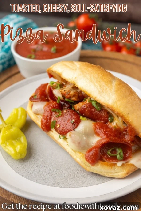 Pizzawich 7 pizza sub sandwich on a plate with text overlay describing the image