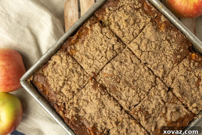 Classic Apple Streusel Coffee Cake 3 Close-up of a freshly baked Apple Coffee Cake cooling in an 8-inch square baking pan, showcasing its golden crumb topping.