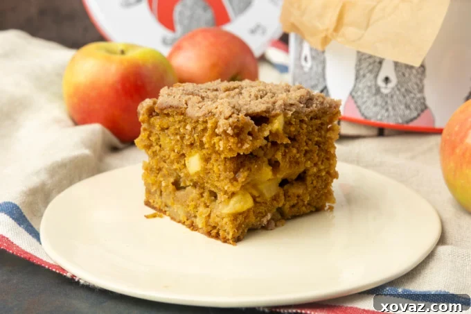 Classic Apple Streusel Coffee Cake 5 A slice of Apple Coffee Cake on a white plate next to the remaining cake in the baking tin, showcasing its moist texture and crumb topping.