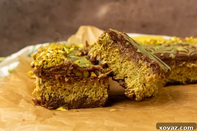 Close-up of Dubai Chocolate Brownies, showing the crispy kataifi and pistachio layer
