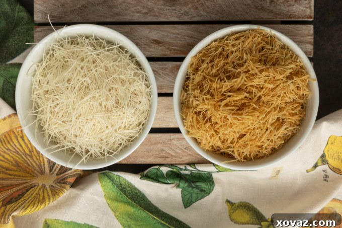 Raw and toasted kataifi in two separate bowls, showing the color change