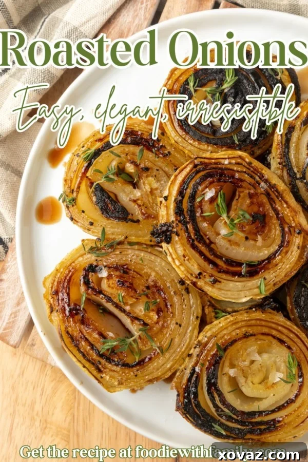 A stunning plate of baked onions with descriptive text overlay.