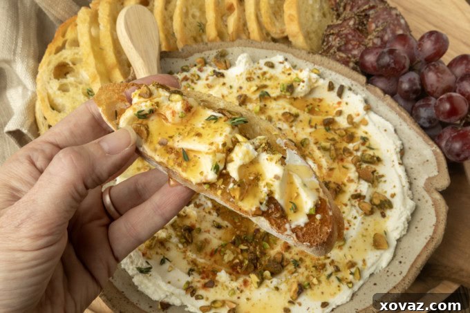 whipped goat cheese appetizer in a pottery bowl with crostini, salami, and grapes