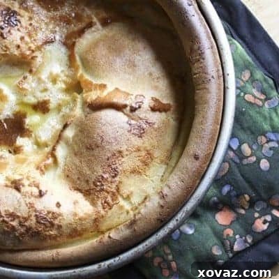 Finnish Oven Pancakes (Pannukakku) served with fresh berries and powdered sugar, showing a golden, puffed appearance.