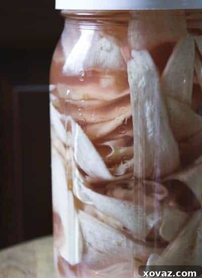 Closeup of homemade pickled ginger slices, showing their delicate pink color and thin, uniform texture.