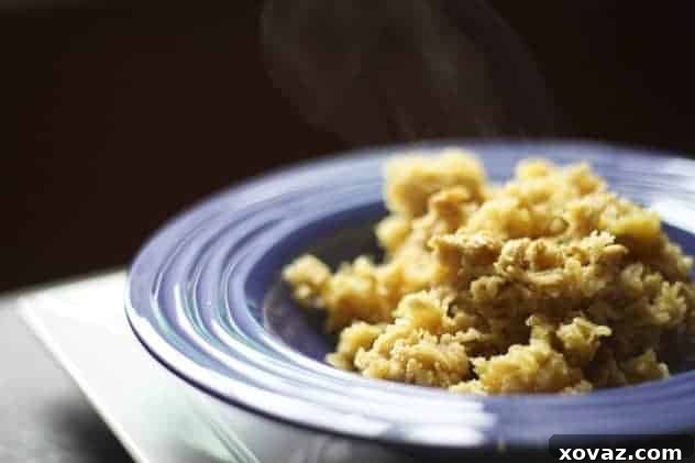 A comforting bowl of golden baked oatmeal, ready to be served