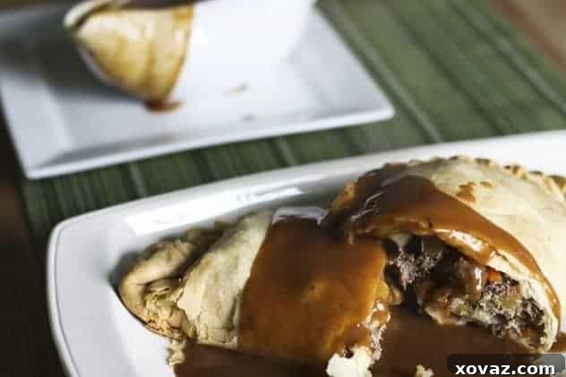 Pasties and beef gravy ready to be devoured.