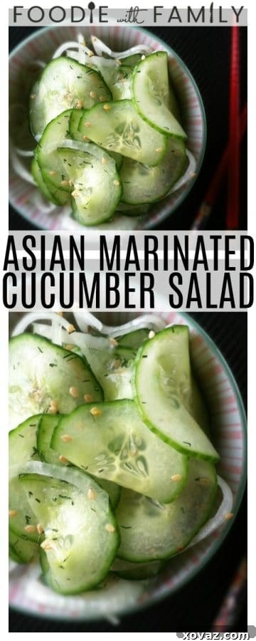 Close-up of Asian Marinated Cucumber Salad with thin slices of cucumber and onion.